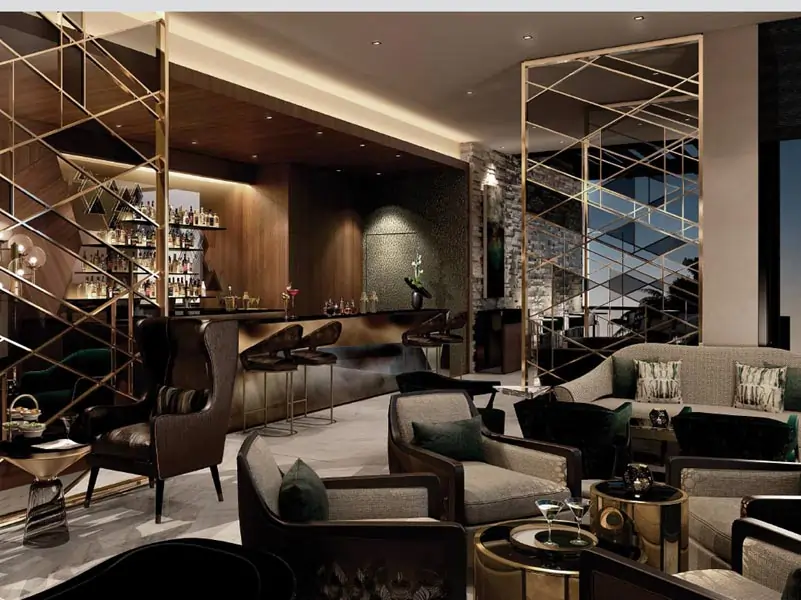 Night view of DLF The Crest residential area illuminated with warm lights and landscaped beauty.