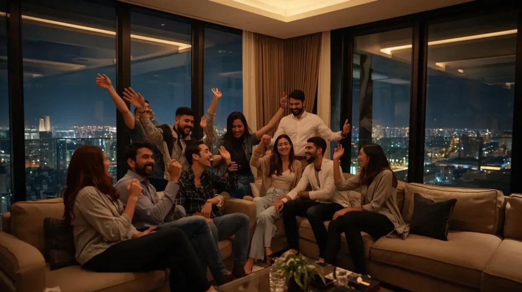 Friends celebrating in luxury apartment – Elan Sector 49 Gurgaon lifestyle
