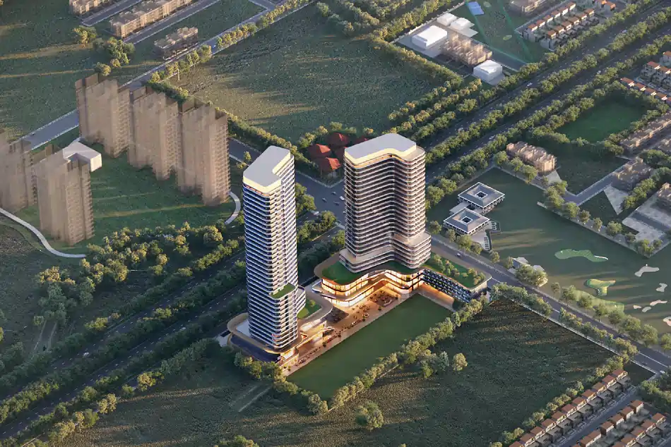 Central Park 104 – About Exterior view of Central Park 104 in Sector 104, Gurugram: modern towers rising from landscaped grounds, with a banner overlay reading About Central Park 104