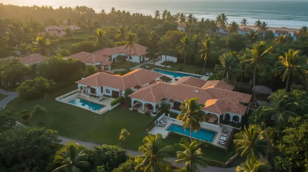 Aerial view of Elevate Serene Shores luxury villas near Benaulim Beach, Goa, featuring private pools, tropical gardens, and Portuguese-inspired architecture.