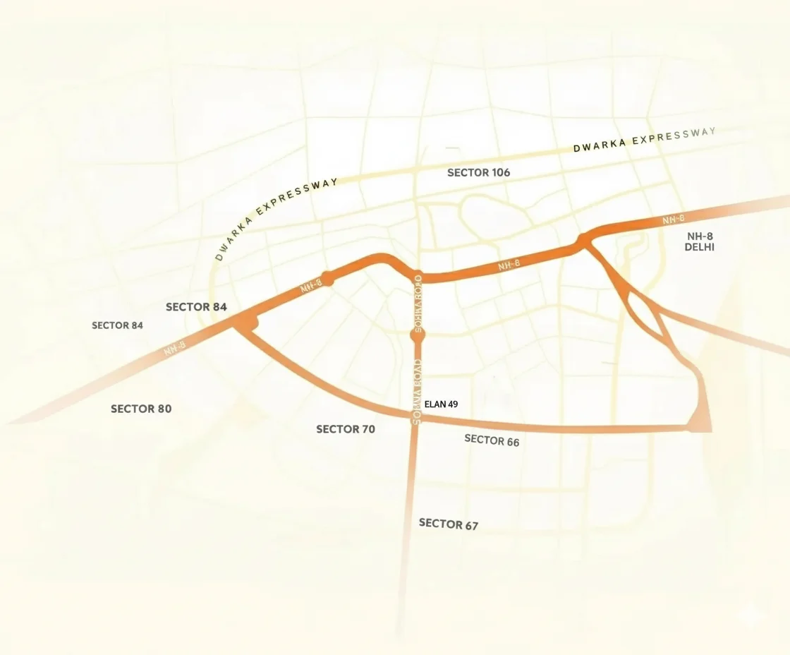 Elan Sector 49 high rise apartments location in Gurgaon