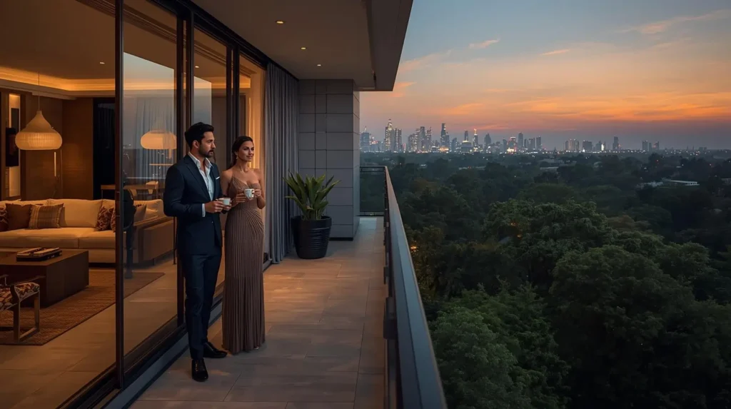 Couple enjoying evening on luxury apartment balcony in Elan Sector 49 Gurgaon