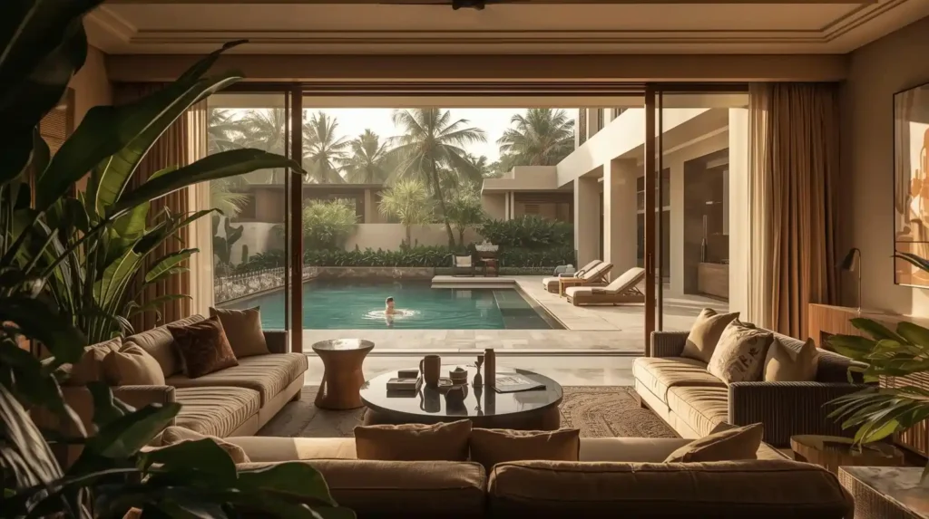 Elegant interior of a 4 BHK luxury villa at Elevate Serene Shores, featuring open living spaces, natural light, poolside view, and Portuguese design details.