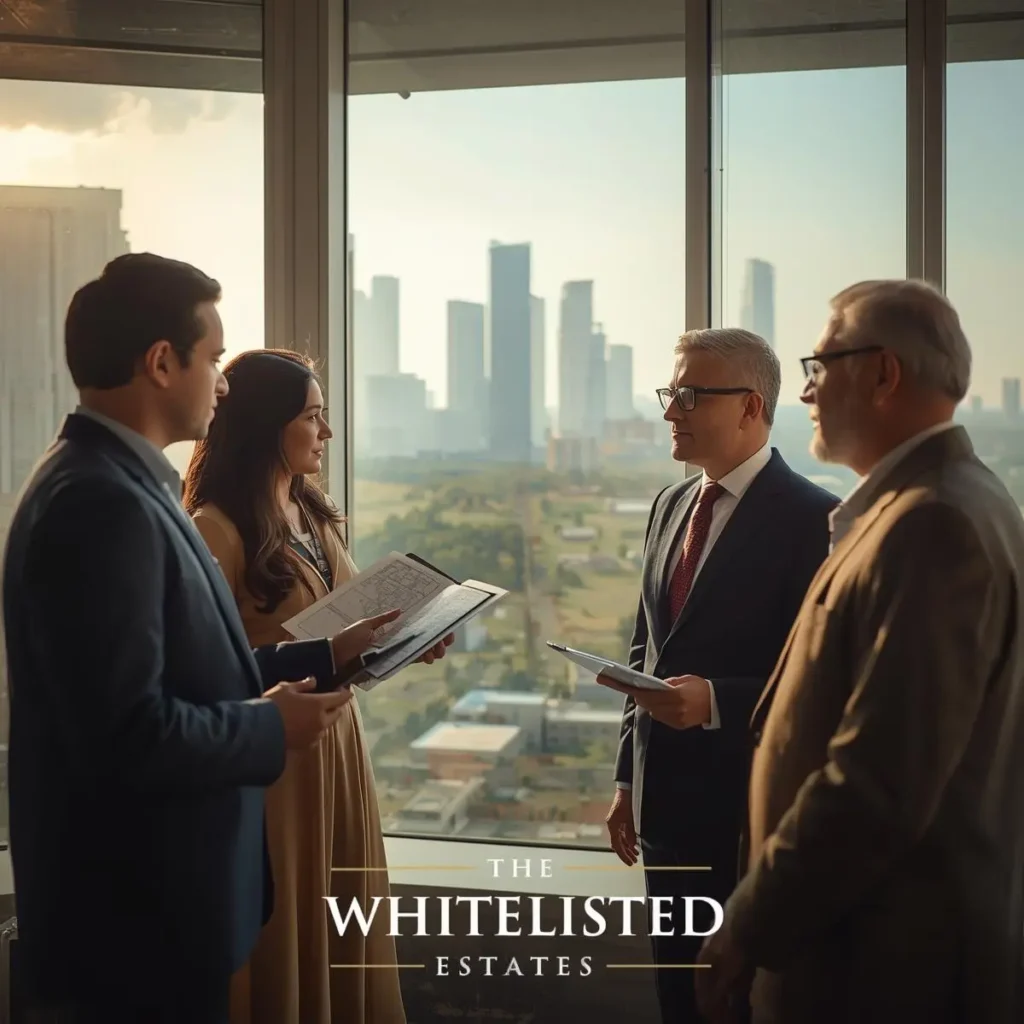 Professional property consultant in Gurgaon with clients discussing verified land investment, featuring The Whitelisted Estates branding.