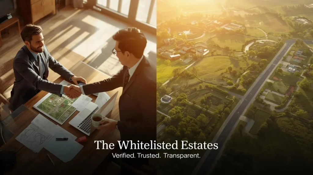 Half image showing a real estate consultant and verified land plots – The Whitelisted Estates.