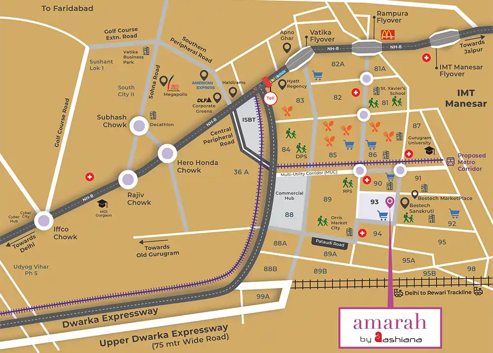 Prime location of Ashiana Amarah in Sector 93, Gurgaon near major roads and metro