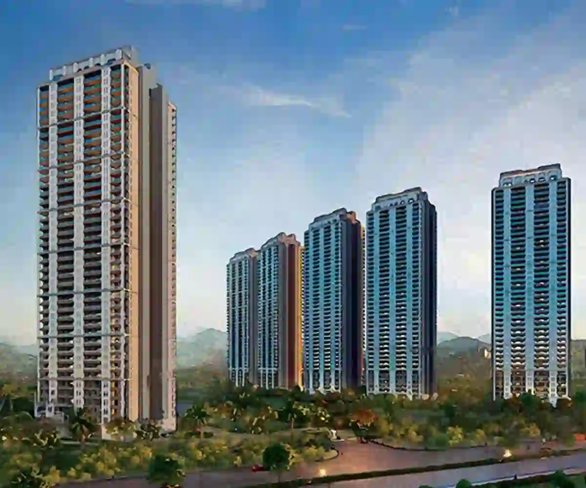 Exterior view of DLF Privana Sector 76, SPR Gurgaon, featuring luxury towers and landscaped surroundings.