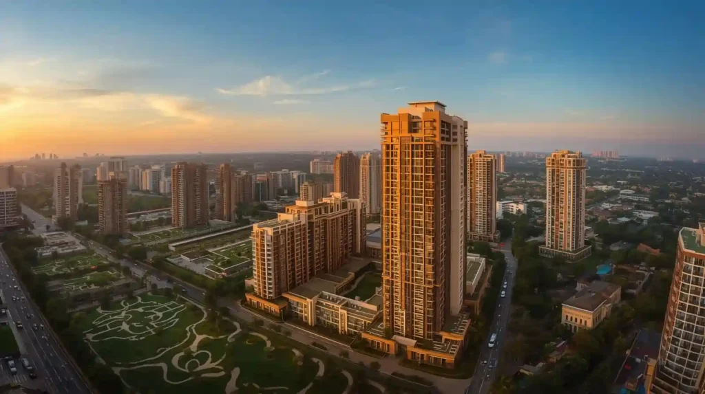 Luxury high-rise apartments and skyline view representing premium real estate in Gurgaon