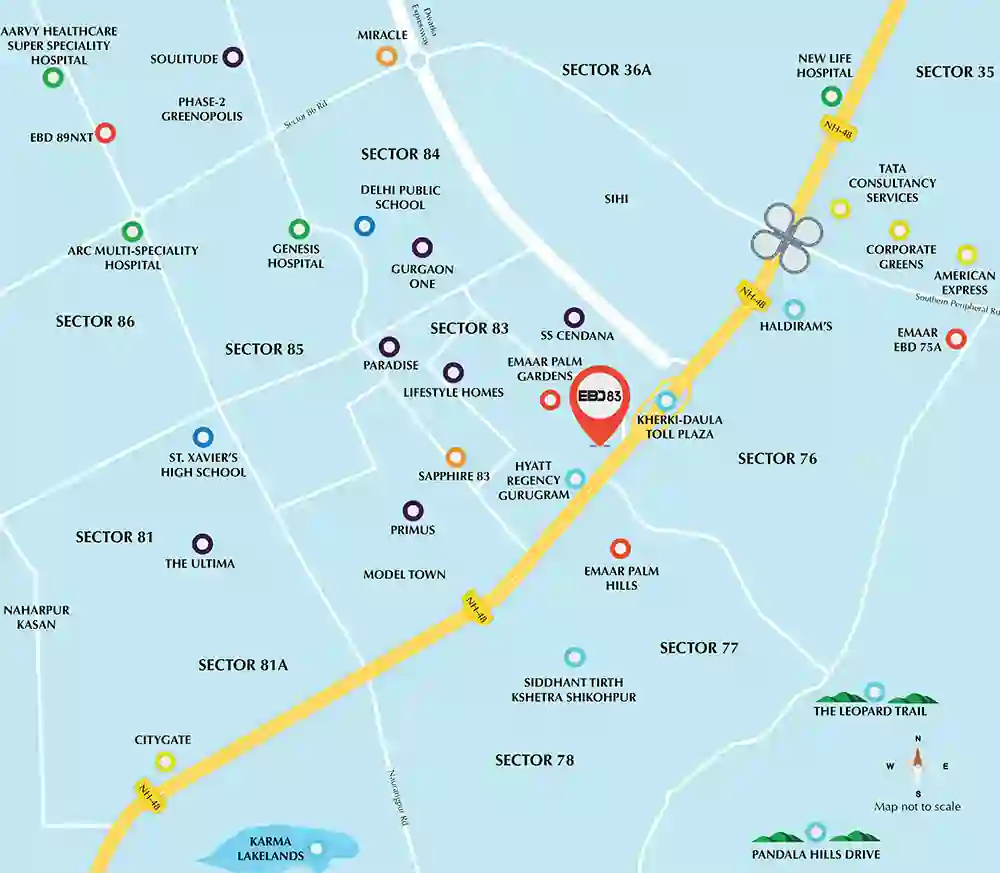 Location map of Emaar EBD Sector 83 Gurgaon near NH-48