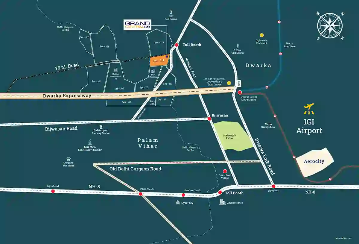 Location map of Spaze Grand Central 114 near Dwarka Expressway Gurgaon