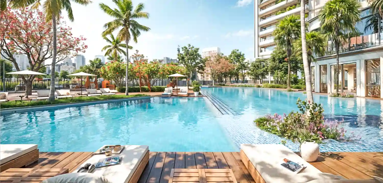 Luxury swimming pool surrounded by greenery at Eldeco Fairway Reserve