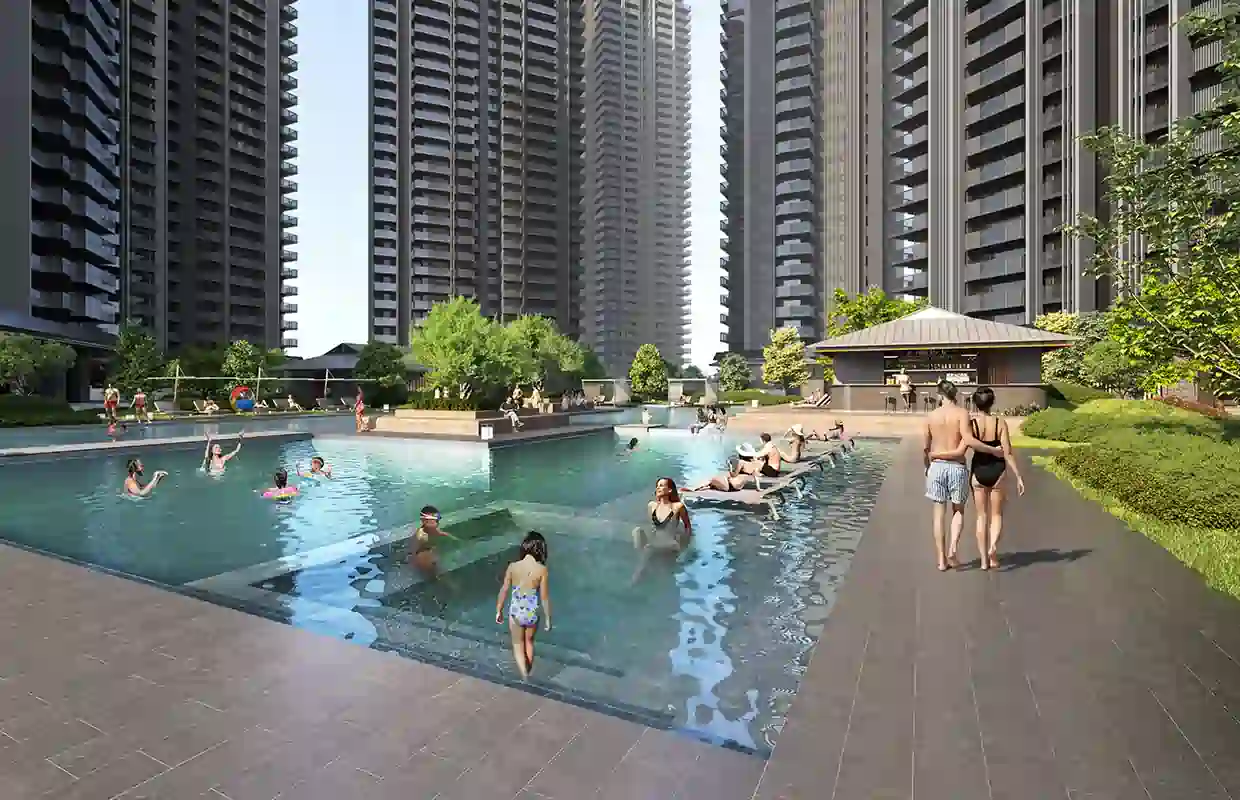 Landscaped green spaces and serene surroundings at Krisumi Waterside Residences