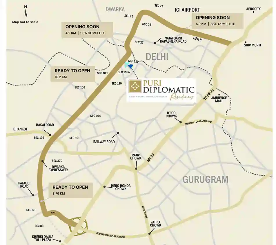 Puri Diplomatic Residences location map near Dwarka Expressway Sector 111 Gurugram