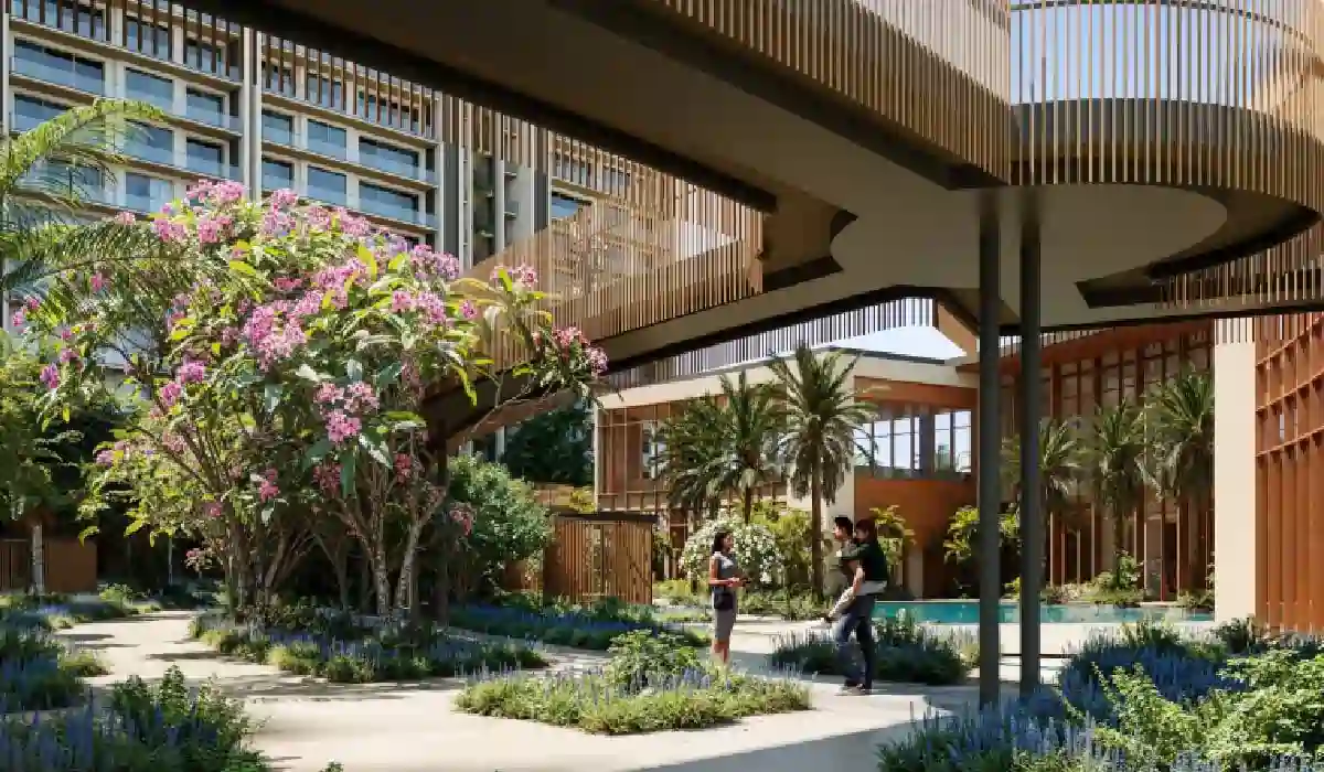 Swimming pool at Conscient Parq, Sector 80, Gurugram, with lounge chairs, greenery, and modern residential buildings around.