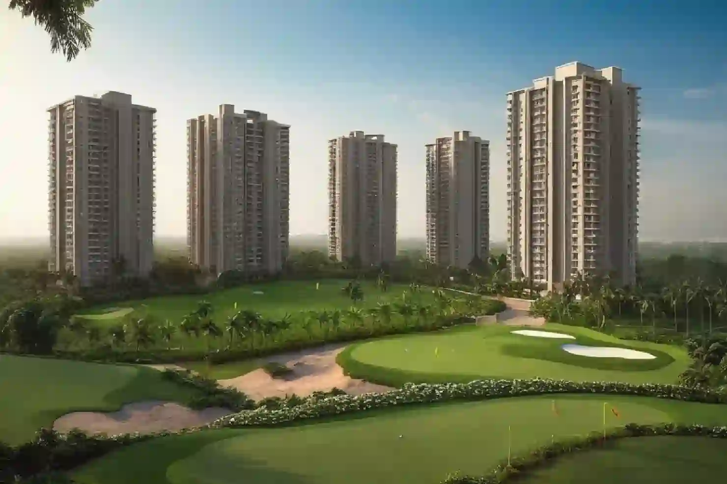 A golfer playing on a beautifully maintained golf course surrounded by lush greenery and clear skies.