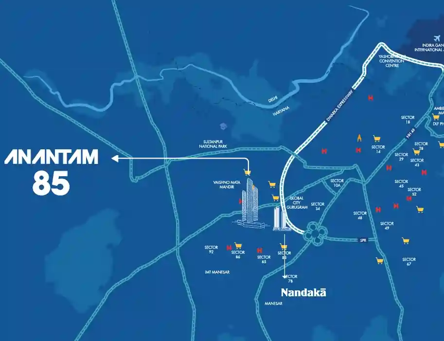 Entrance view of Ganga Realty Anantam in Gurgaon, featuring a grand gateway, landscaped pathways, and modern façade design.