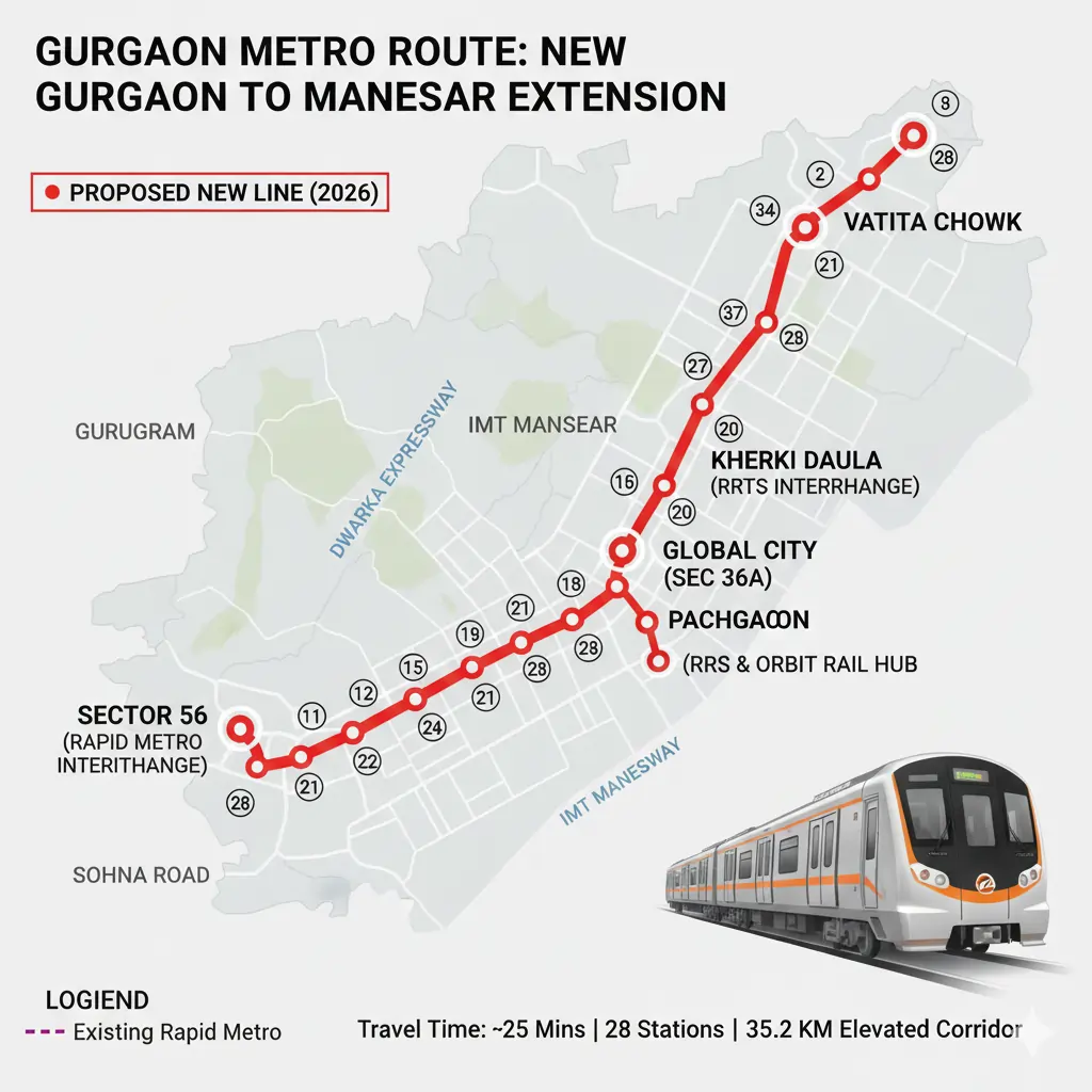 Gurgaon metro route map showing new Gurgaon to Manesar metro alignment