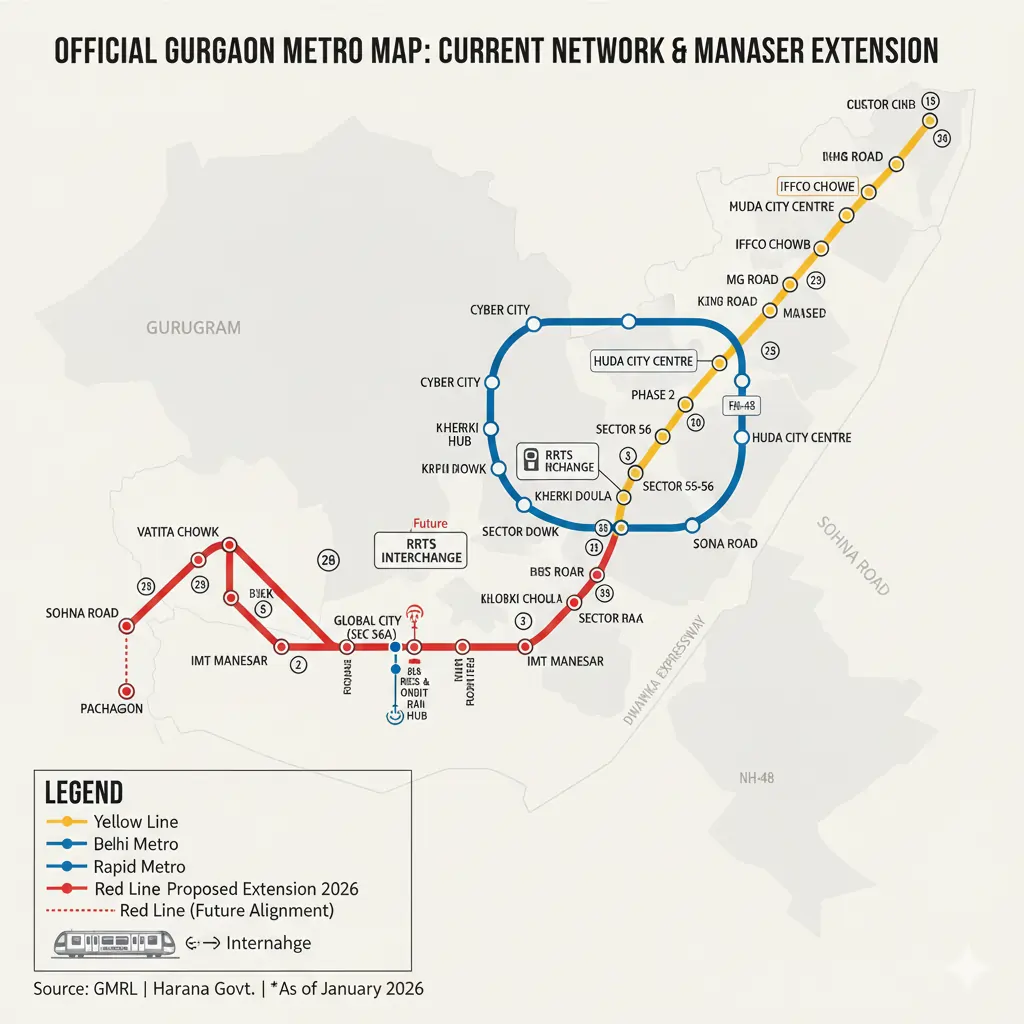Official Gurgaon Metro Map showing the new Gurgaon to Manesar metro route and all stations