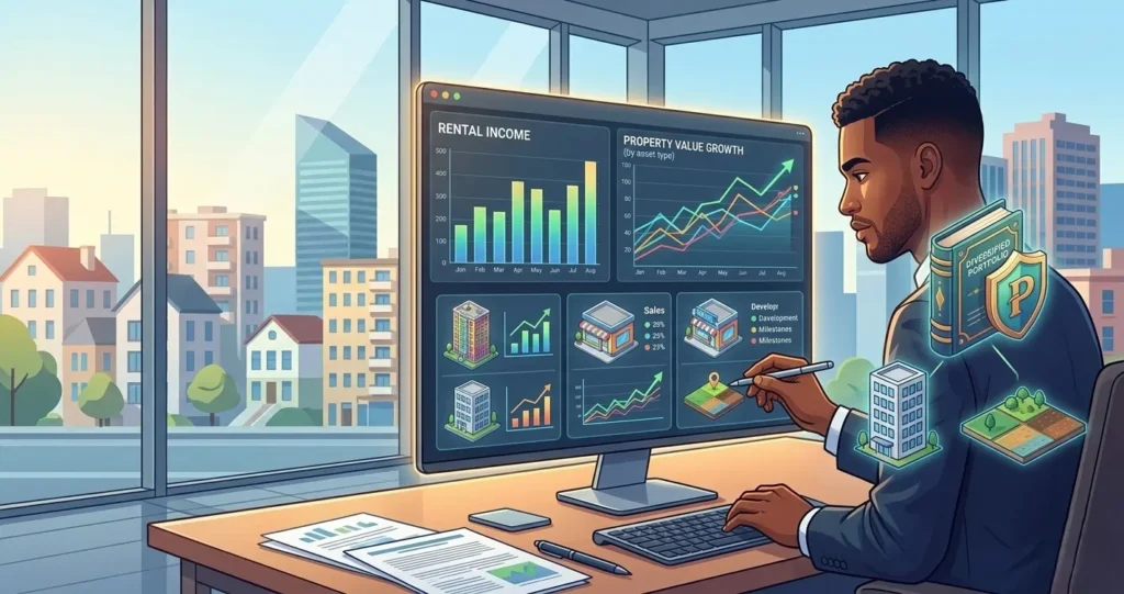 Investor analyzing real estate portfolio performance including rental yield and property appreciation