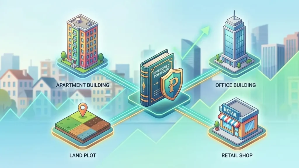 Different property types in a real estate investment portfolio including residential commercial and land assets
