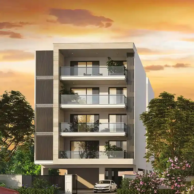 The evening view of DLF Phase 1 Floors highlights the project’s elegant façade illuminated with soft lighting, creating a serene and luxurious atmosphere amidst the premium neighborhood of Gurgaon.