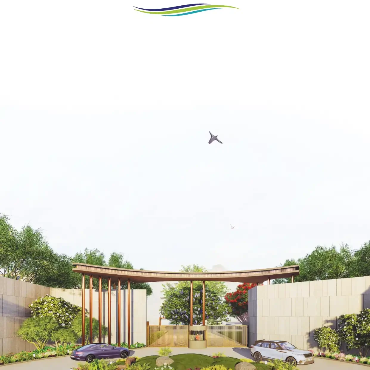 Aerial view of Rainbow Meadows farmhouse community with Aravalli Hills in the background.