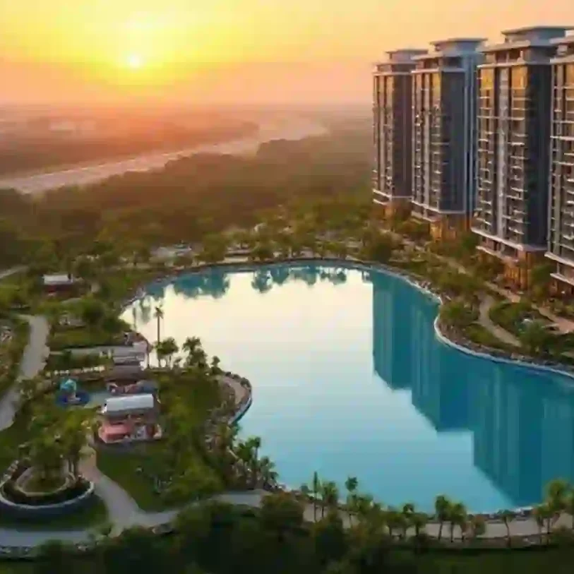 AIPL Lake City residential project featuring modern apartment buildings, landscaped green areas, and a central lake.
