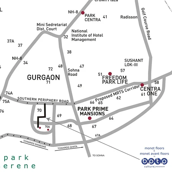 BPTP Astaire Gardens Sector 70 Gurgaon Location Map – Connectivity to Golf Course Extension Road and NH-8