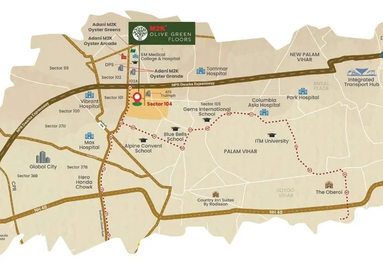 Prime location of M2K Olive Greens in Sector 104, Gurgaon.