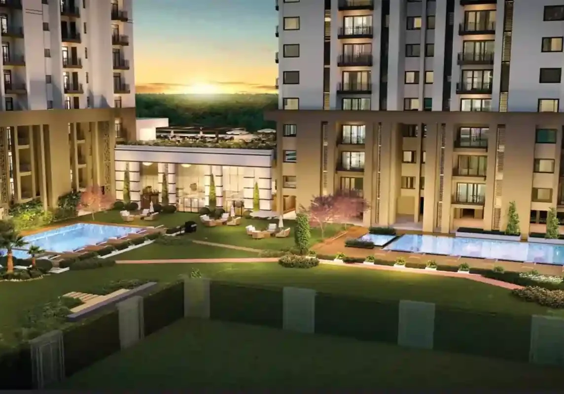 An aerial view of SS Group 83 Iconic Tower showcasing its 42-floor standalone structure, landscaped surroundings, and premium 3 BHK + 3T apartments in Sector 83, Gurgaon