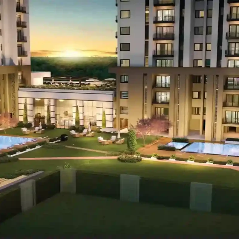 An aerial view of SS Group 83 Iconic Tower showcasing its 42-floor standalone structure, landscaped surroundings, and premium 3 BHK + 3T apartments in Sector 83, Gurgaon