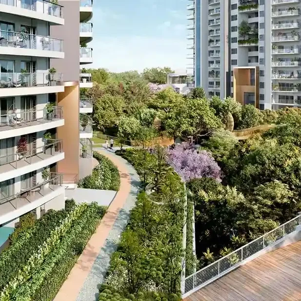 Green open spaces and landscaped gardens at Adani Lushlands
